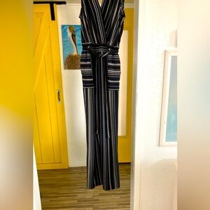 Black and White Pinstripe Wide-Leg Jumpsuit with Wrap Bodice
